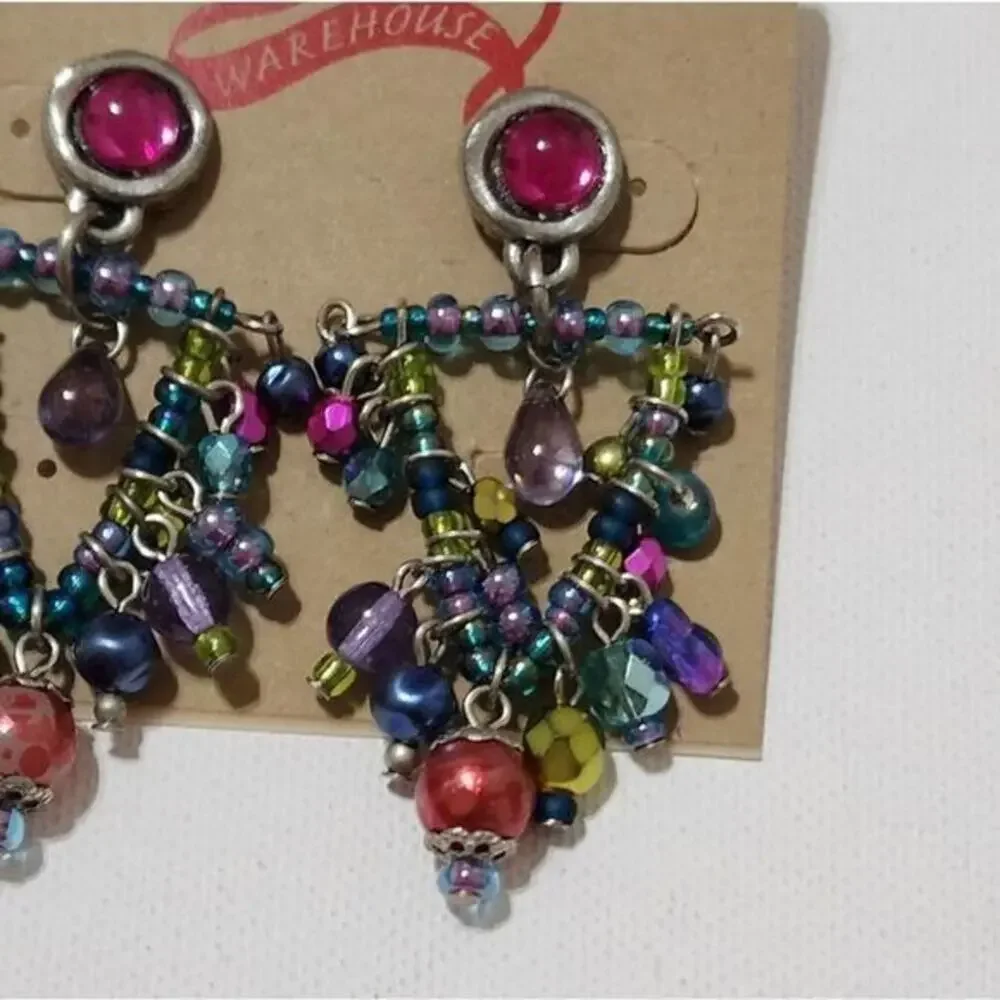 Treska Gypsy‎ Multicolored Beaded Chandelier Drop Post Earrings Boho Pink Teal